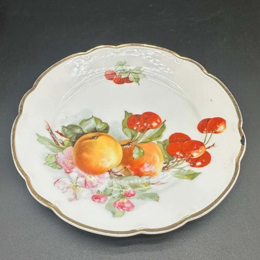 Antique German Porcelain Fruit Plate Hand Painted Gilded Edge Floral‎ Cherry